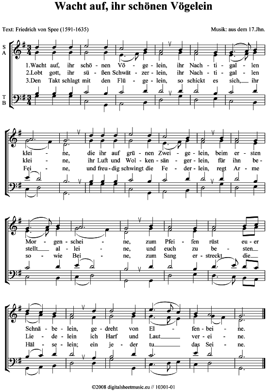 Wacht auf ihr sch nen V gelein (Gemischter Chor) (Gemischter Chor) von aus dem 17.Jahrhundert