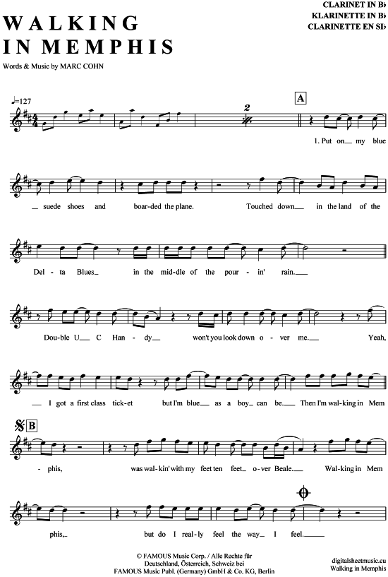 Walking in Memphis (Klarinette in B) (Klarinette) von Marc Cohn