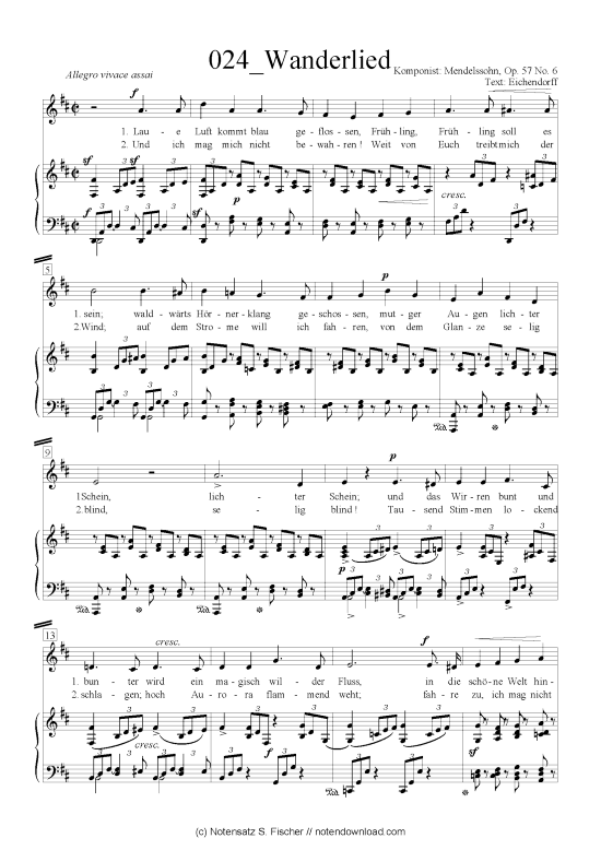 Wanderlied Klavier + Gesang - PDF Noten von Felix Mendelssohn Bartholdy