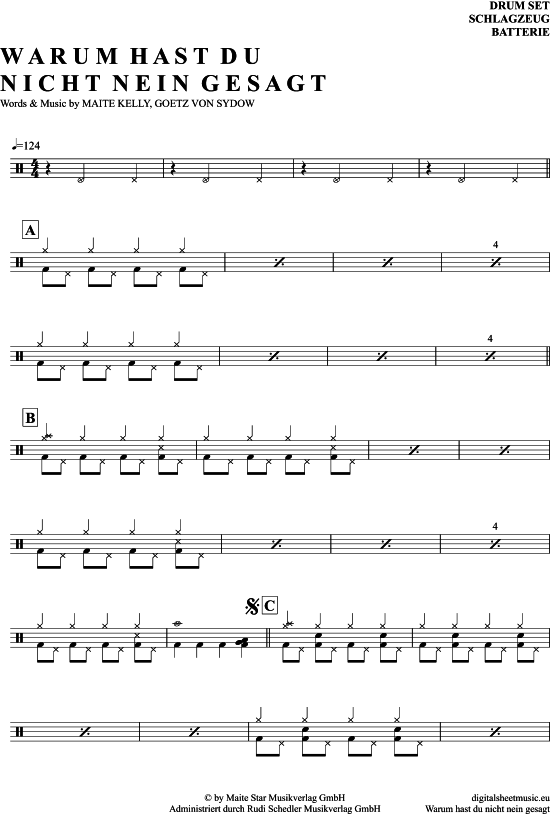 Warum Hast Du Nicht Nein Gesagt Noten Warum Hast Du Nicht Nein Gesagt Drums - PDF Noten von Maite Kelly in