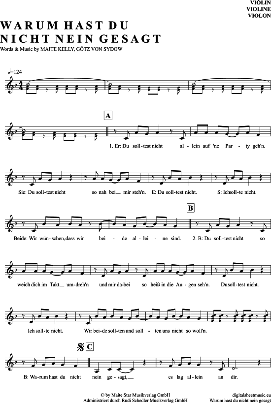 Warum Hast Du Nicht Nein Gesagt Noten Warum Hast Du Nicht Nein Gesagt Violine - PDF Noten von Maite Kelly in