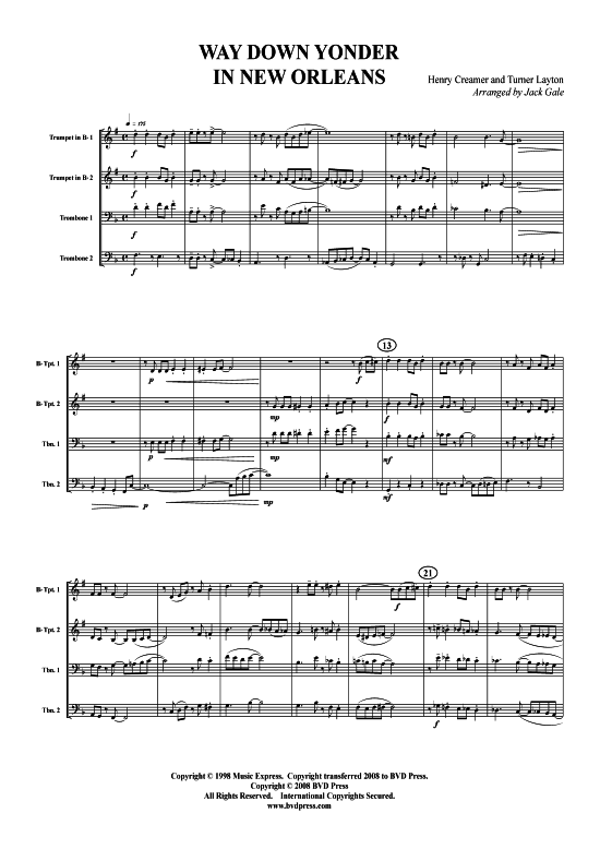 Way Down Yonder in New Orleans (2xTromp in B Horn in F (Pos) Pos) (Quartett (Blech Brass)) von Traditional