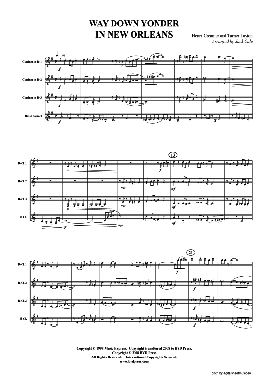 Way Down Yonder in New Orleans (Klarinetten-Quartett) (Quartett (Klarinette)) von Traditional (arr. Gale)