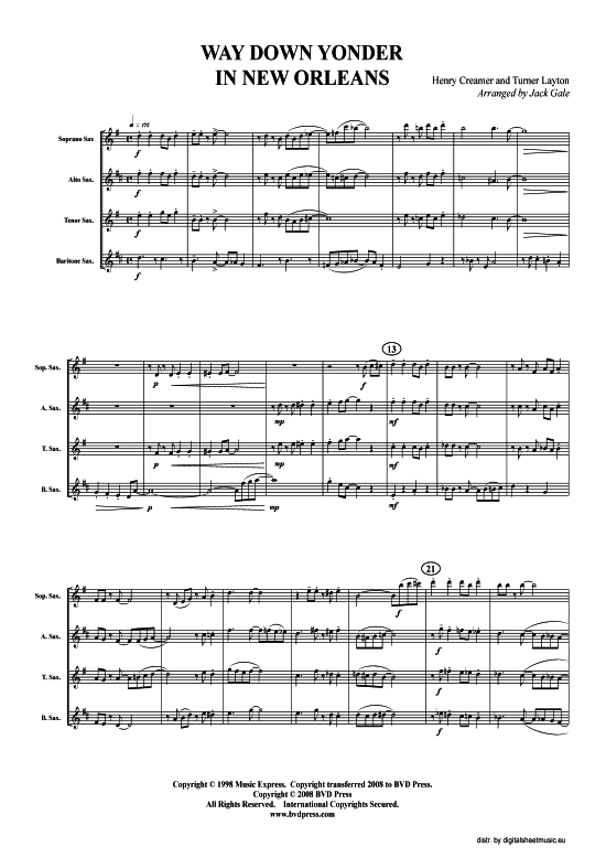 Way Down Yonder in New Orleans (Saxophon-Quartett S(A)ATB) (Quartett (Saxophon)) von Traditional (arr. Gale)