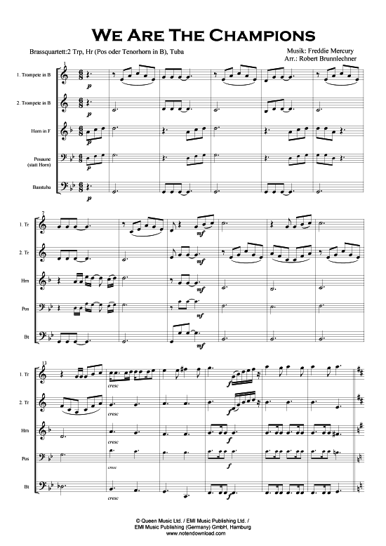 We Are The Champions Brassquartett PDF Noten von Queen arr. Robert Brunnlechner in G Moll