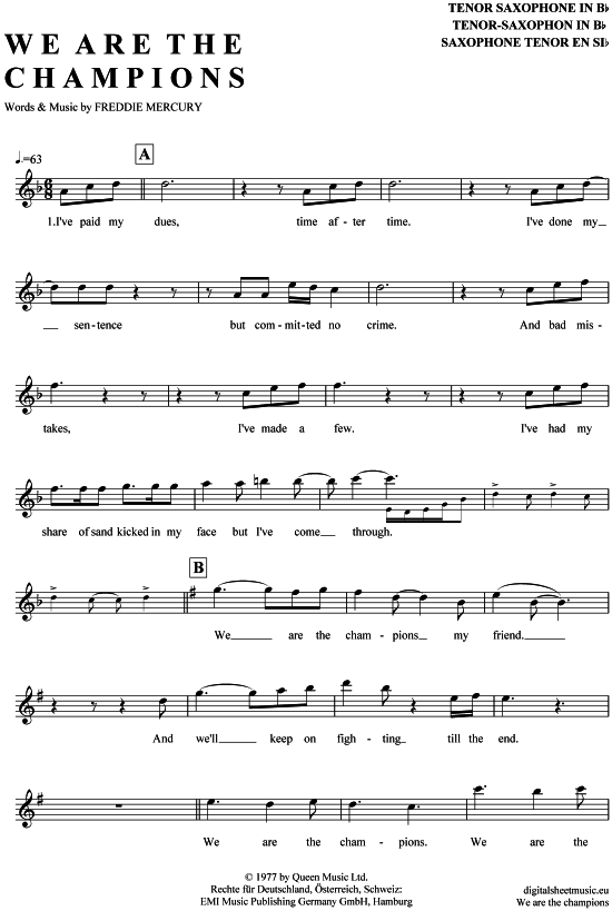 We are the champions TenorSax PDF Noten von Queen in D Moll 7110454