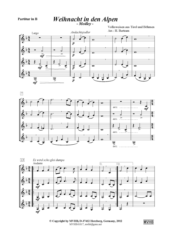 Weihnacht in den Alpen (Trompeten-Quartett) (Quartett (Trompete)) von Volksweisen aus B ouml hmen und Tirol