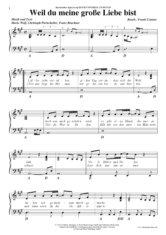 Weil Du Die Liebe Meines Lebens Bist Noten Klavier