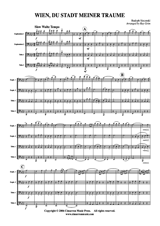 Wein Du Stadt Meiner Tr auml ume (Tuba Quartett 2x Bariton 2xTuba) (Quartett (Tuba)) von Rudoph Siecznski