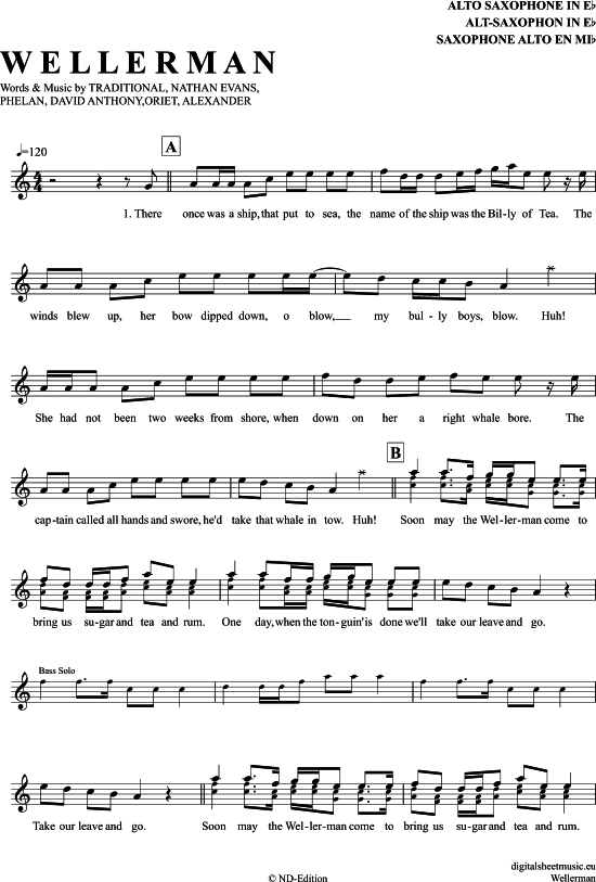 Wellerman Sea Shanty AltSax PDF Noten von Nathan Evans Traditional Aus Neuseeland in A Moll