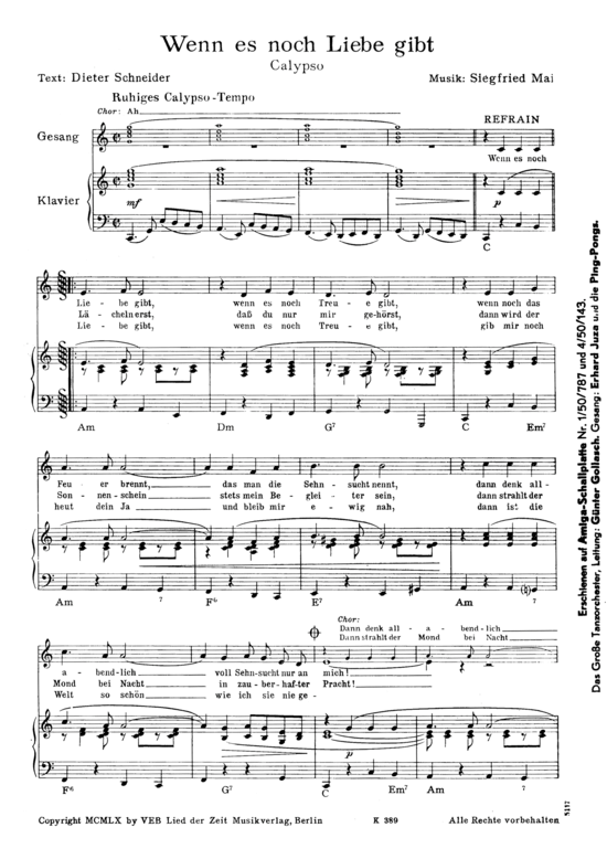 Wenn es noch Liebe gibt (Klavier + Gesang) (Klavier Gesang  Gitarre) von Das Gro szlig e Tanzorchester G uuml nter Gollasch Erhard Juza amp Ping Pongs