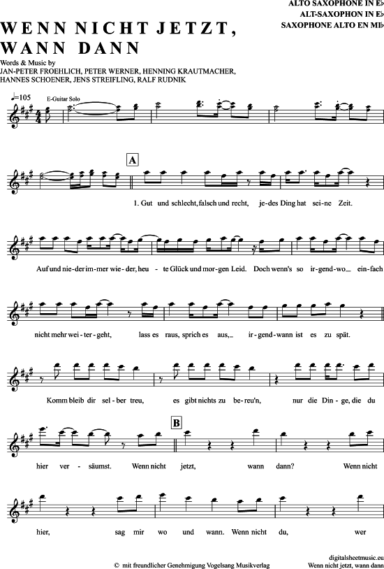Höhner Wenn Nicht Jetzt Wann Dann Text Wenn Nicht Jetzt, Wann Dann Alt-Sax - PDF Noten von Höhner in Fis Moll