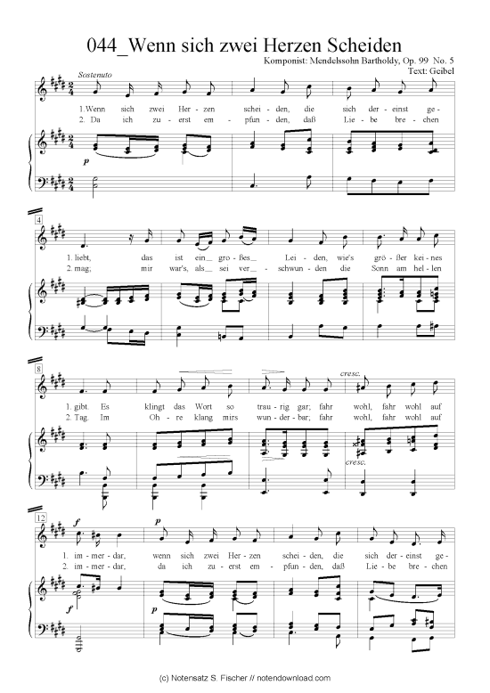 Wenn sich zwei Herzen Scheiden (Klavier + Gesang) (Klavier  Gesang) von Felix Mendelssohn Bartholdy (1809-1947)