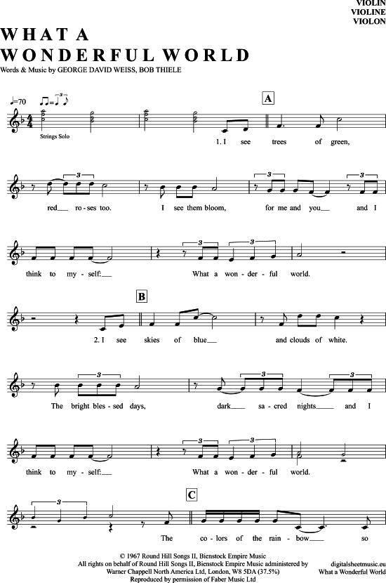 What A Wonderful World Violine PDF Noten von Louis Armstrong in F Dur