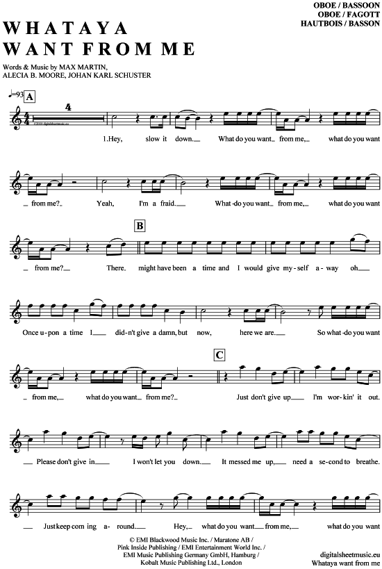 Whataya want from me (Oboe  Fagott) (Oboe Fagott) von Adam Lambert