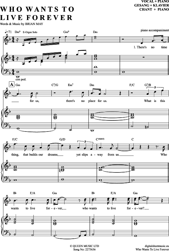 Who Wants To Live Forever Klavier Begleitung + Gesang - PDF Noten von