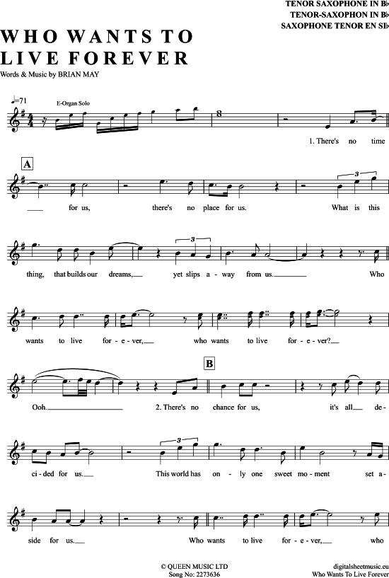 Who Wants To Live Forever TenorSax PDF Noten von Queen in E Moll