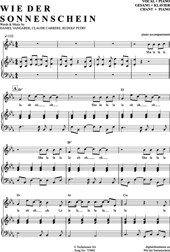 Wie Der Sonnenschein (Klavier Begleitung + Gesang) (Klavier Gesang  Gitarre) von Michael Holm
