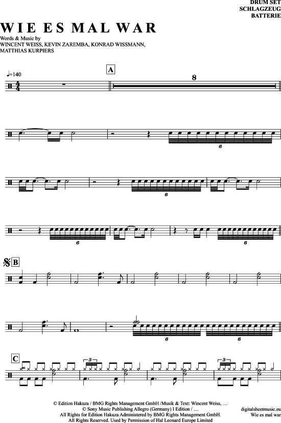 Wie Es Mal War Drums PDF Noten von Wincent Weiss in 7150599