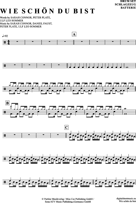 Sarah Connor Wie Schön Du Bist Chords Wie schön du bist Drums - PDF Noten von Sarah Connor in - 7150357