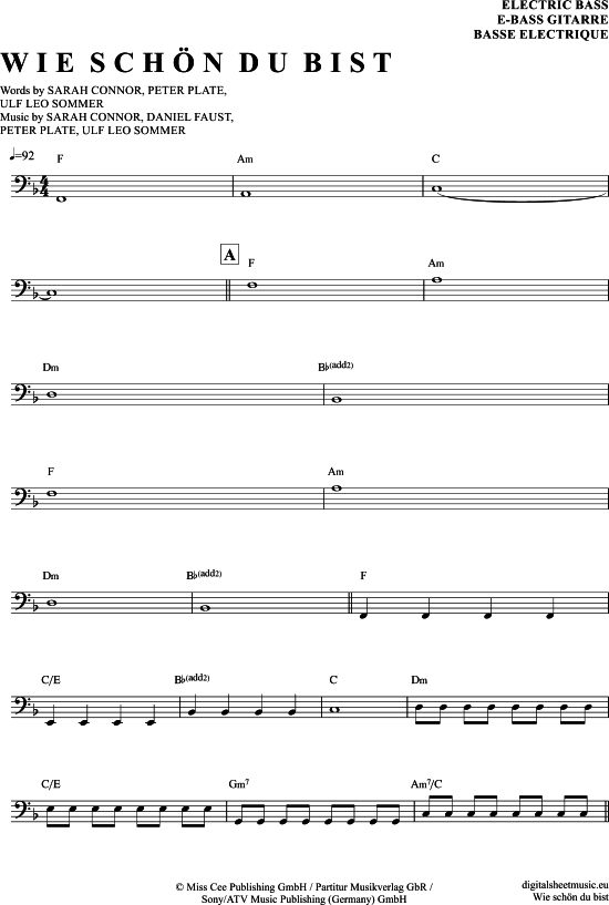 Liedtext Sarah Connor Wie Schön Du Bist Wie schön du bist E-Bass - PDF Noten von Sarah Connor in F Dur - 7140367