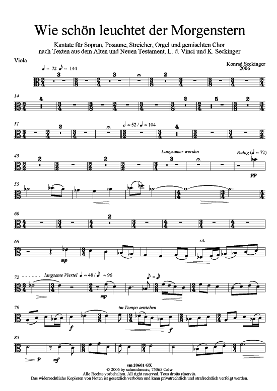 Wie sch ouml n leuchtet der Morgenstern (Viola - Einzelstimme) (Gemischter Chor Soli Orgel) von Konrad Seckinger (Weihnachtskantate)