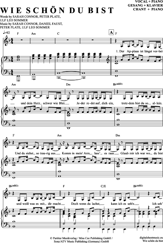 Wie schön du bist Klavier + Gesang PDF Noten von Sarah Connor in F Dur 7070434