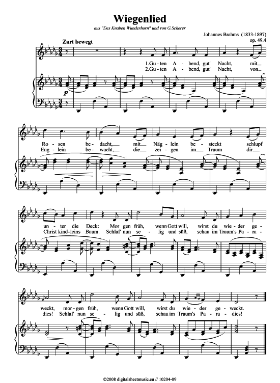 Wiegenlied (Guten Abend gut Nacht) - Des-Dur (Klavier  Gesang) von Johannes Brahms (1833-1897)