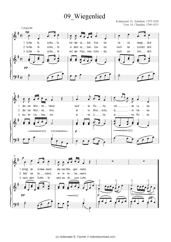 Wiegenlied (Klavier + Gesang) (Klavier  Gesang) von Fr. Schubert 1797-1828  M. Claudius 1740-1815