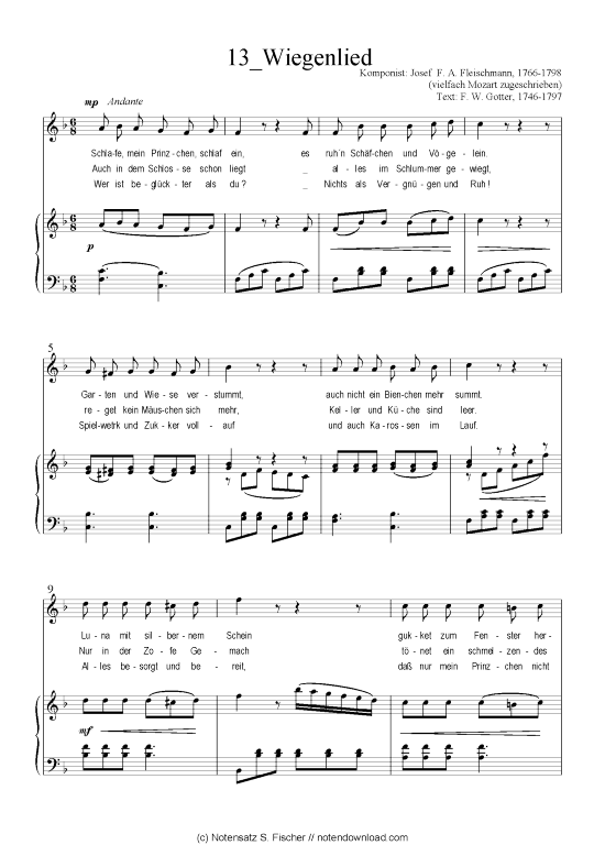 Wiegenlied (Klavier + Gesang) (Klavier  Gesang) von Josef F. A. Fleischmann 1766-1798 (vielfach Mozart zugeschrieben)  F. W. Gotter 1746-1797