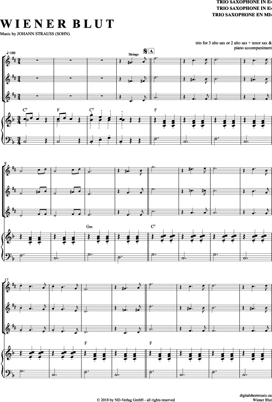 Wiener Blut (Saxophon Trio AAA(T) + Klavier) (Trio (Saxophon)) von Johann Strau (Sohn)