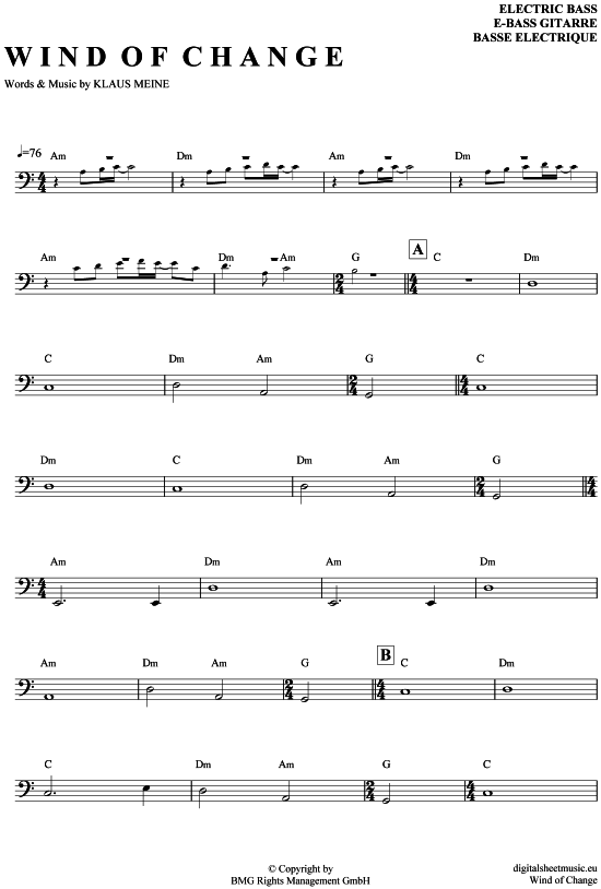 Wind of change EBass PDF Noten von Scorpions in A Moll 7140198