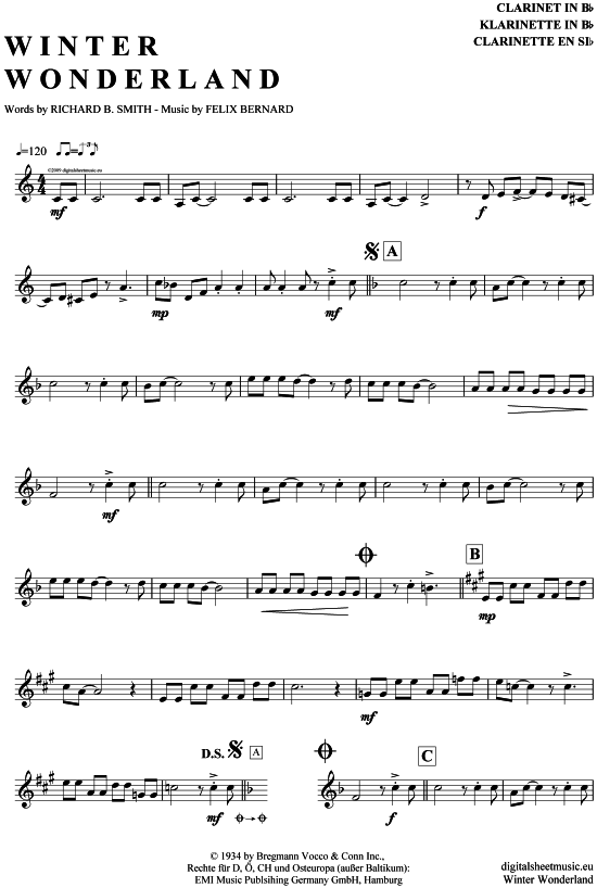 Winter Wonderland (Klarinette in B) (Klarinette) von Bing Crosby (Big Band Fassung)