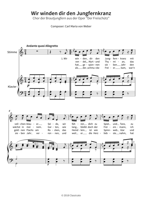 Wir winden dir den Jungfernkranz - Chor der Brautjungfern aus der Oper Der Freisch uuml tz (Gesang + Klavier) (Klavier  Gesang) von Carl Maria von Weber