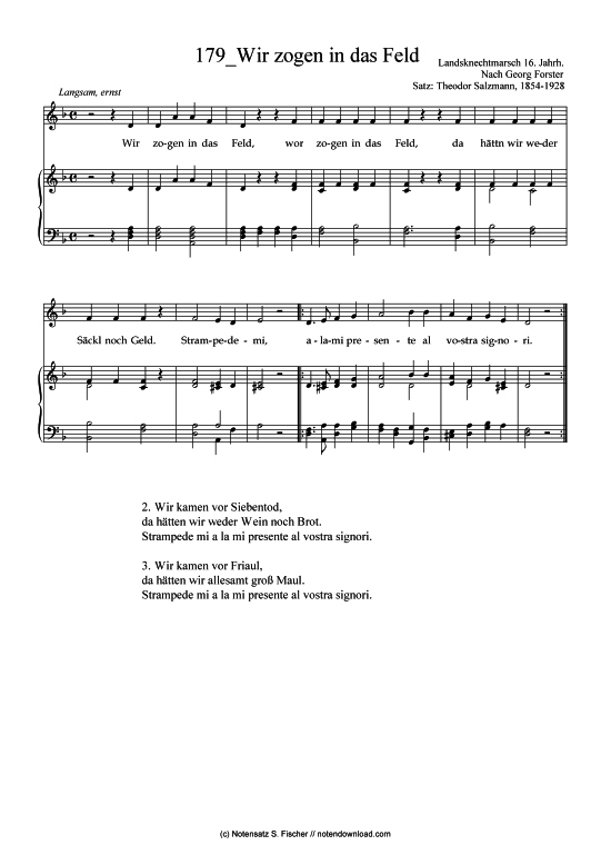 Wir zogen in das Feld Klavier + Gesang PDF Noten von