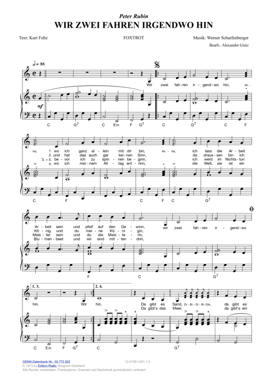 Wir zwei fahren irgendwo hin Klavier + Gesang PDF Noten von Peter Rubin in C Dur 9783737805131