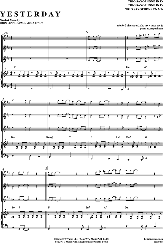 Yesterday (Saxophon Trio AAA(T) + Klavier) (Trio (Saxophon)) von The Beatles