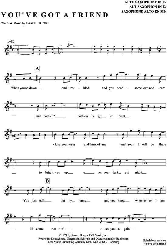 You acute ve got a friend (Alt-Sax) (Alt Saxophon) von Carole King