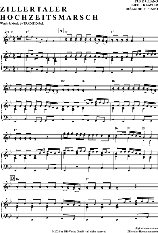 Zillertaler Hochzeitsmarsch (Klavier + Melodie) (Klavier  Melodieinstr.) von Traditional