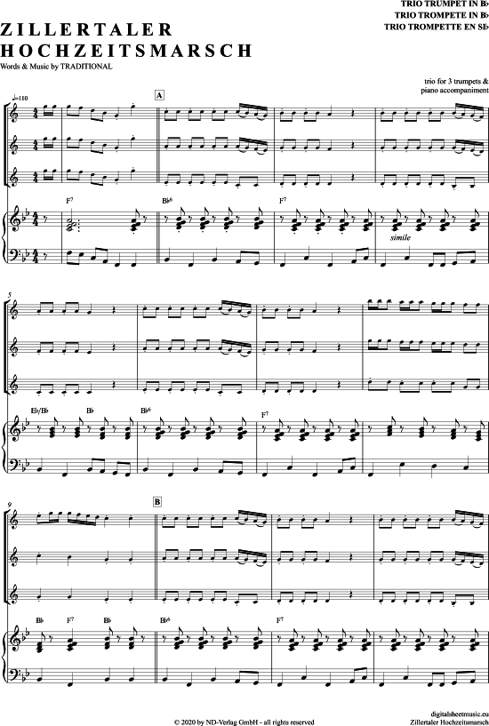Zillertaler Hochzeitsmarsch (Trompeten Trio + Klavier) (Trio (Trompete)) von Traditional
