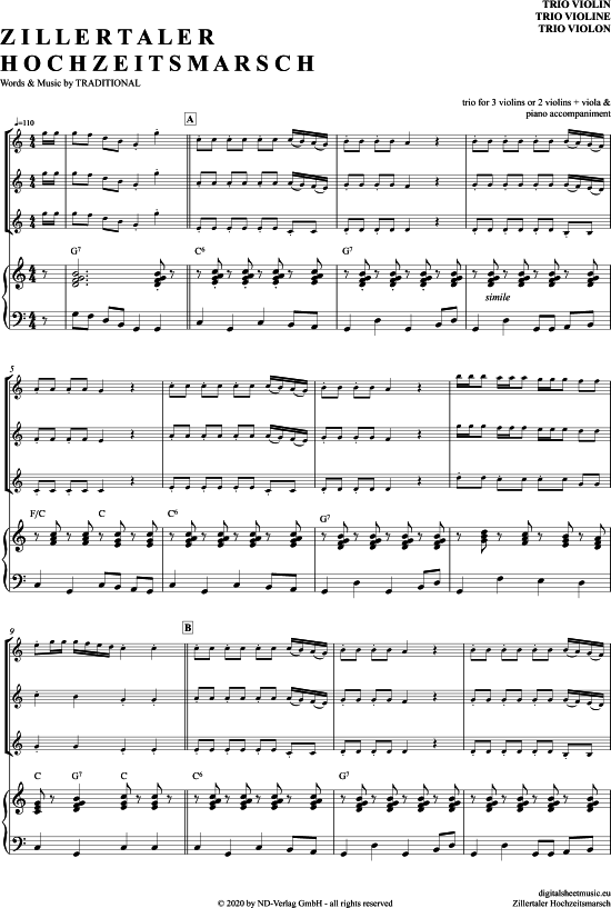 Zillertaler Hochzeitsmarsch (Violinen Trio + Klavier) (Trio (Violine)) von Traditional