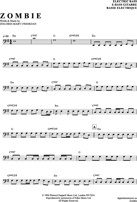 Zombie EBass PDF Noten von The Cranberries in E Moll 7140471
