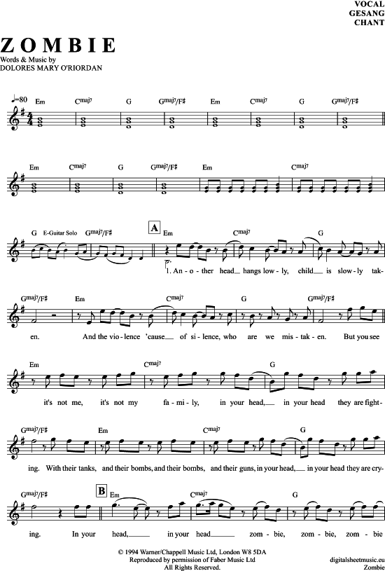 Zombie Gesang PDF Noten von The Cranberries in E Moll 7040476