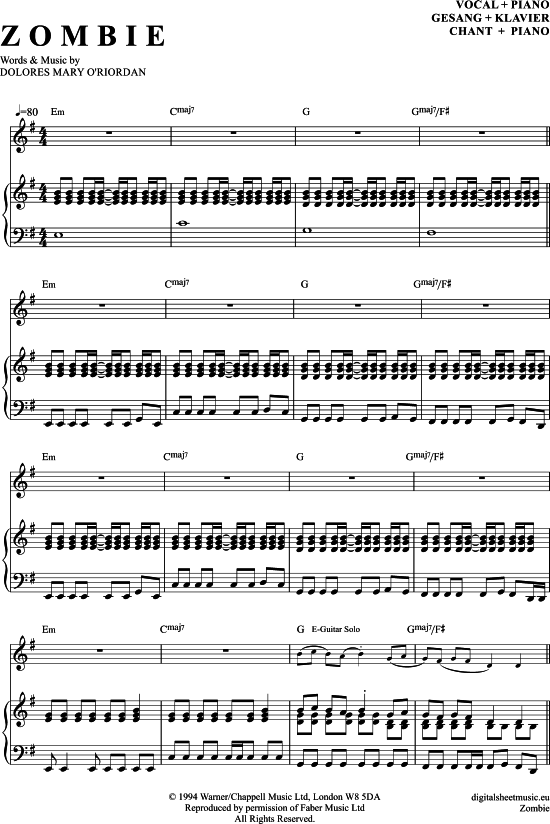 Zombie Klavier + Gesang PDF Noten von The Cranberries in E Moll 7070642