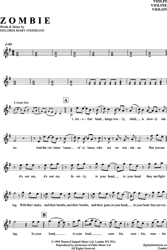 Zombie Violine PDF Noten von The Cranberries in E Moll 7130928