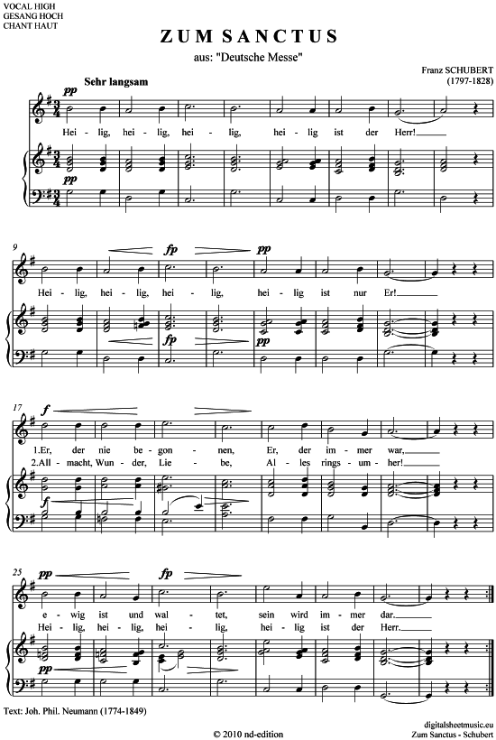 Zum Sanctus (Heilig heilig) (hoch G - E ) (Klavier  Gesang) von Franz Schubert (1797-1828)