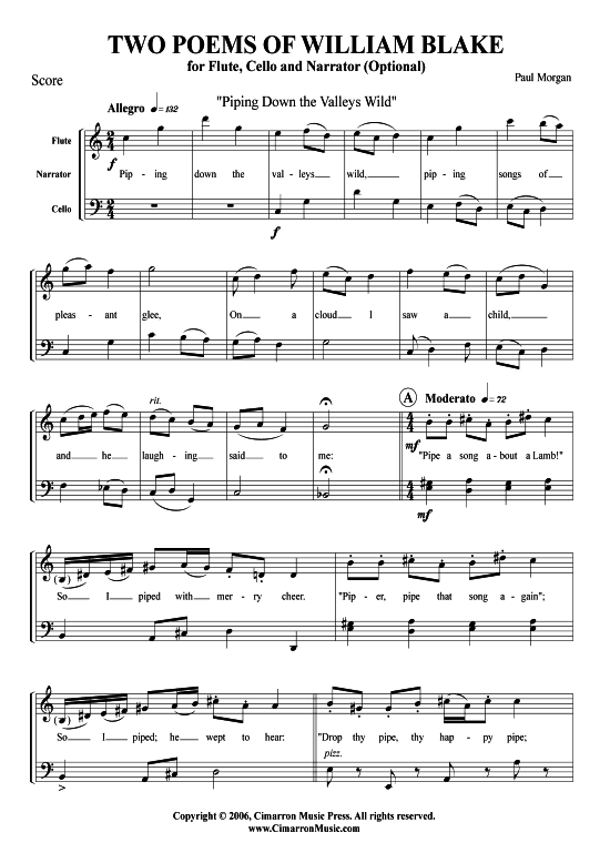 Zwei Gedichte von William Blake (Querfl ouml te + Violoncello) (Duett (2 St.)) von Paul Morgan