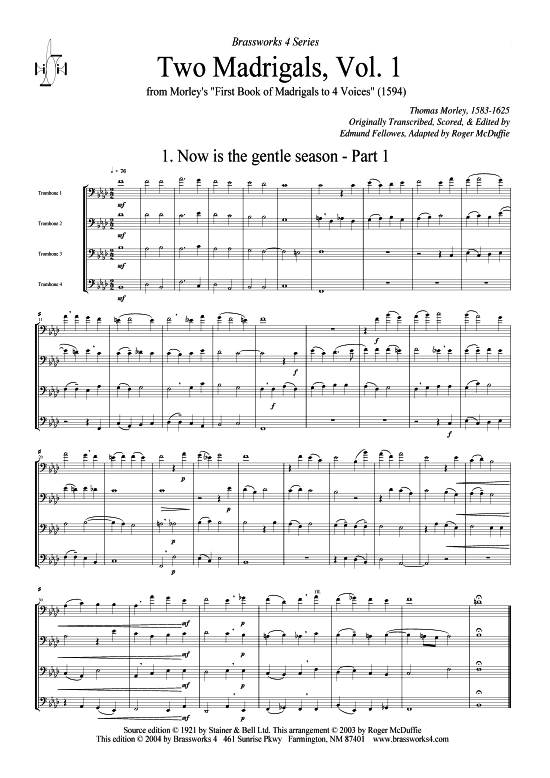 Zwei Madrigale Vol. 1 (Posaunen-Quartett) (Quintett (Blech Brass)) von Thomas Morley