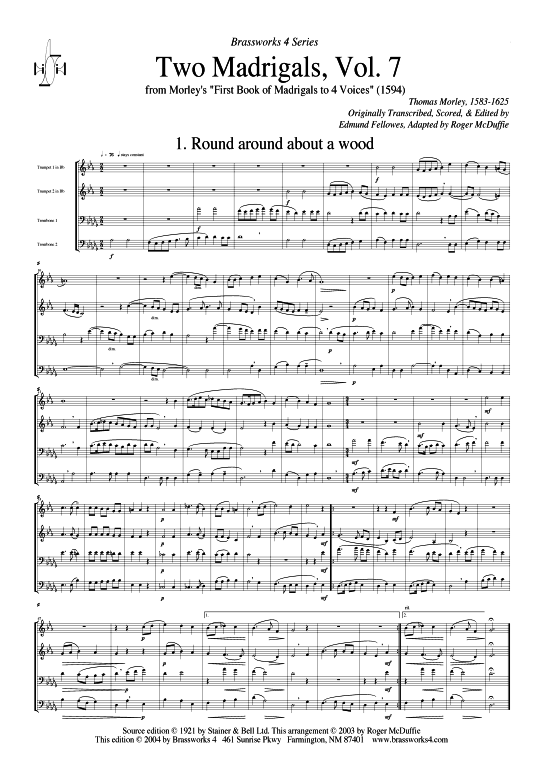 Zwei Madrigale Vol. 7 (2xTromp in B C Horn in F (Pos) Pos) (Quartett (Blech Brass)) von Thomas Morley