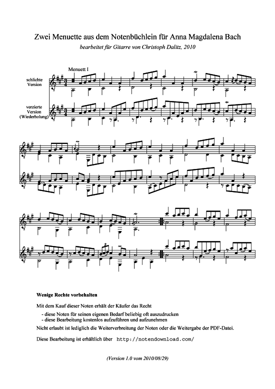 Zwei Menuette f r Anna Magdalena Bach (Gitarre) (Gitarre) von J.S. Bach (arr. Christoph Dalitz)